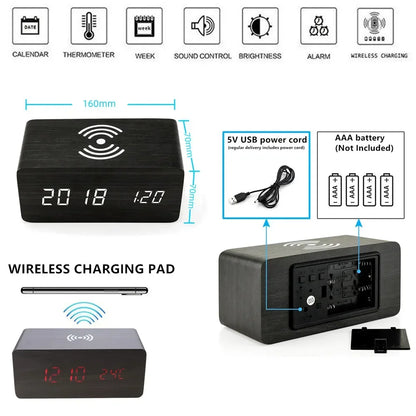Reloj Despertador LED de Madera con Temperatura y Carga Inalámbrica – USB/AAA para Escritorio