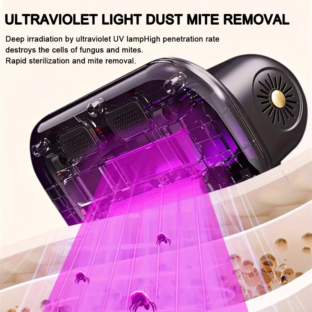 Eliminador de Ácaros Inalámbrico con Carga USB, Luz UV y Caja de Polvo Lavable