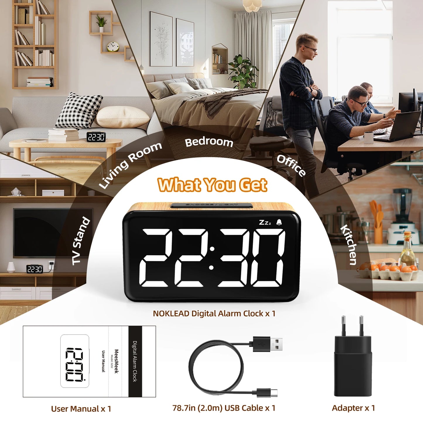 Reloj Despertador Digital LED con Carga USB y Brillo Ajustable – Formato 12/24H para Hogar y Oficina