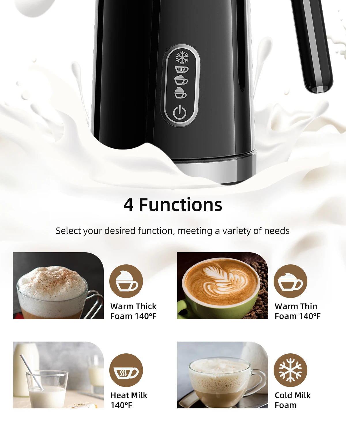 Espumador de Leche Automático BioloMix 4 en 1 – Frío, Caliente y Chocolate