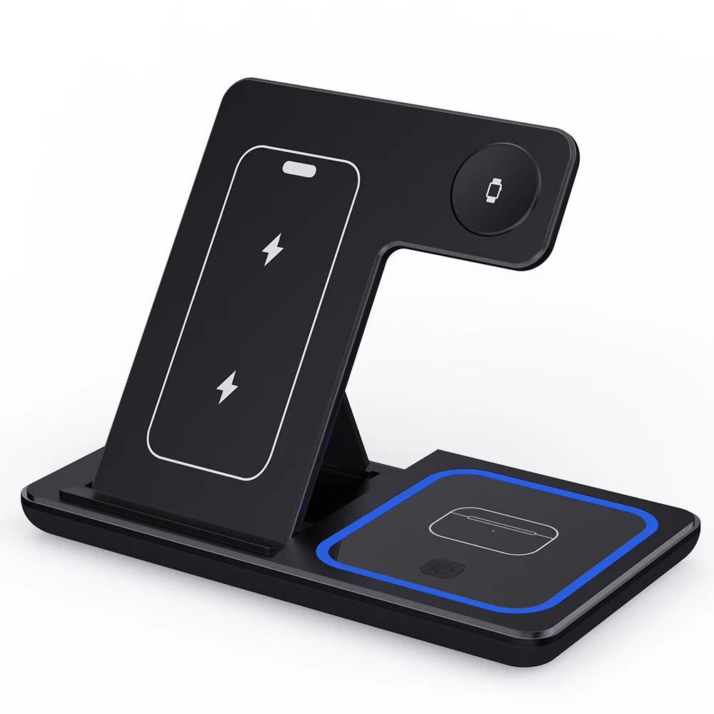 Cargador Inalámbrico 15W 3 en 1 Plegable – Estación de Carga Rápida para iPhone, Apple Watch y AirPods