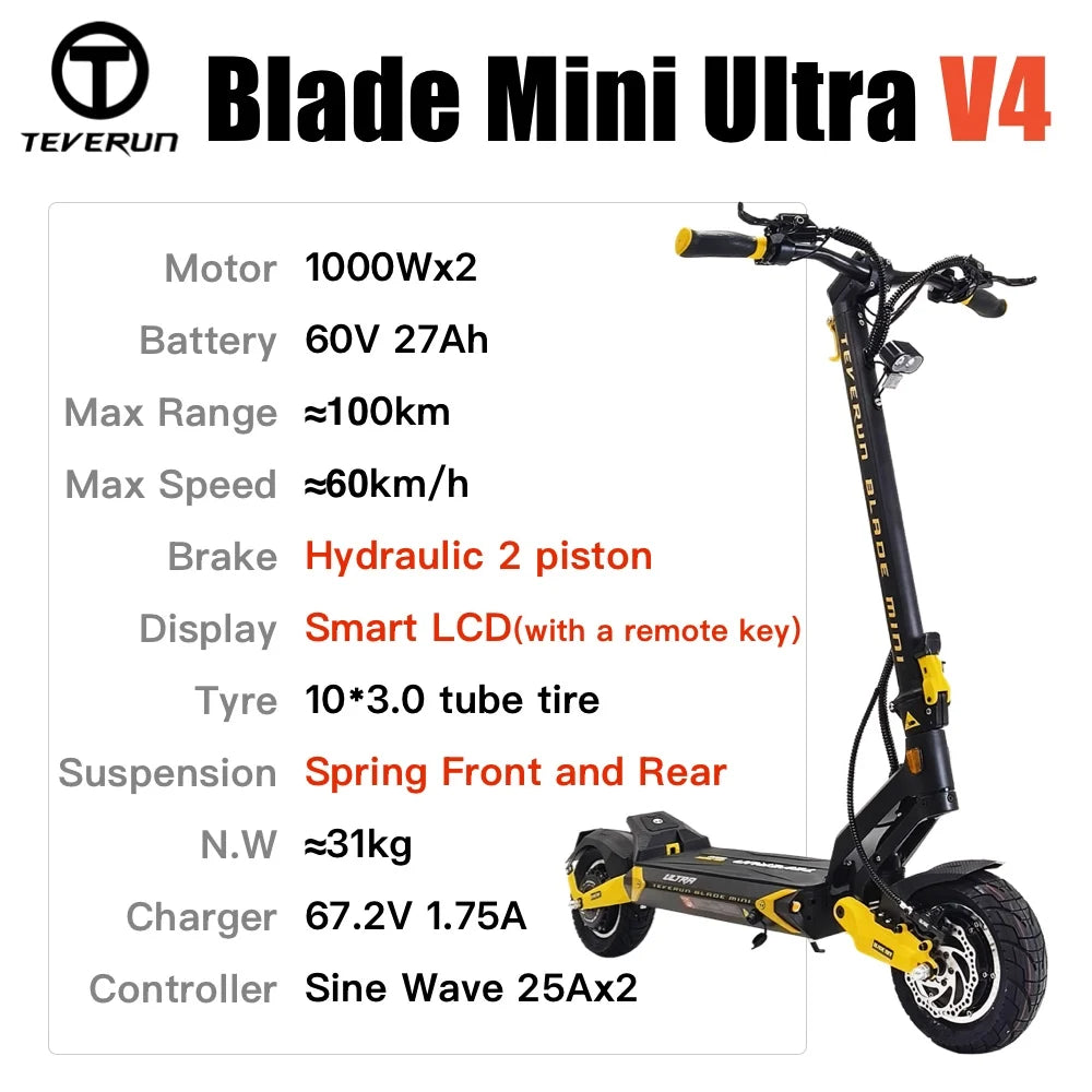 Scooter Eléctrico TEVERUN Blade MINI Ultra V4 – 2000W, 60V 27Ah, 100km, Pantalla LCD