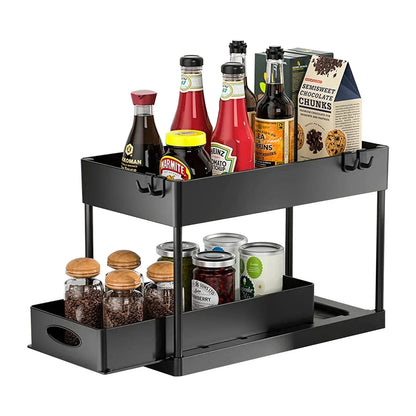 Organizador Bajo la Pileta 2 Niveles Deslizante con Ganchos y Vaso Colgante – Cocina y Baño