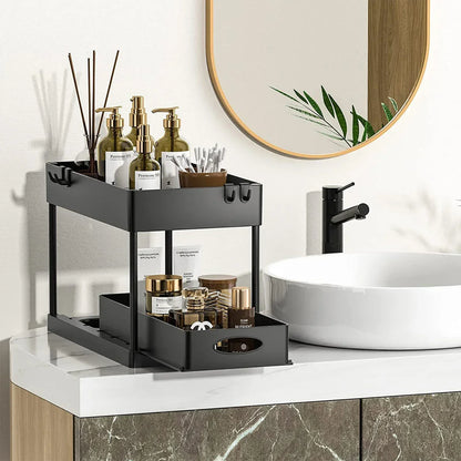 Organizador Bajo la Pileta 2 Niveles Deslizante con Ganchos y Vaso Colgante – Cocina y Baño