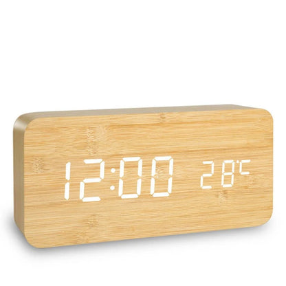 Reloj Despertador LED de Madera con Control de Voz – Digital USB/AAA para Escritorio