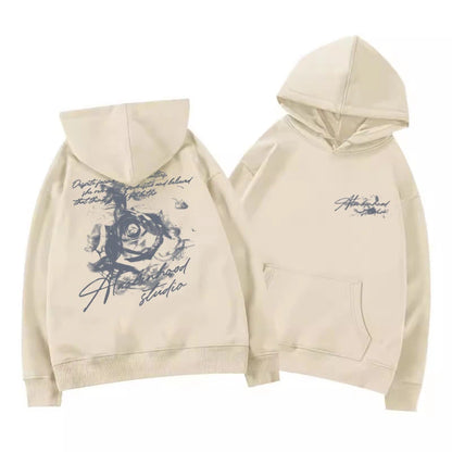 Hoodie con Estampado de Rosas y Letras – Moda Urbana Casual Unisex