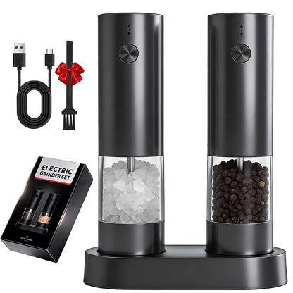 Set de Molinillos Eléctricos de Sal y Pimienta USB Recargables – Grosor Ajustable con Base de Almacenamiento