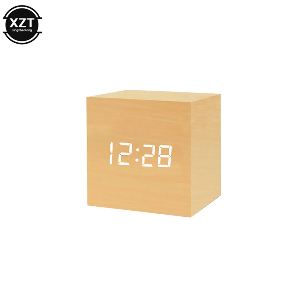 Reloj Despertador LED de Madera con Control de Voz – Digital, USB/AAA para Escritorio