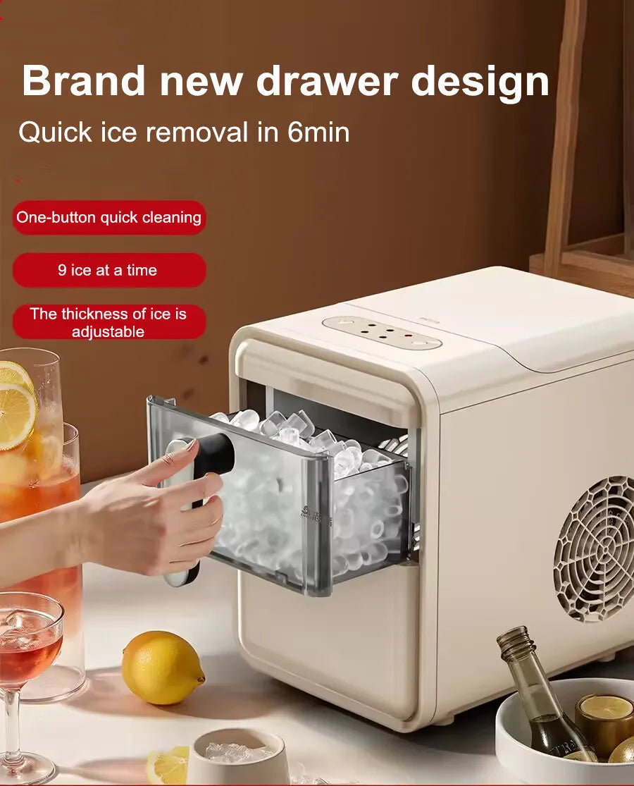 Máquina de Hielo Automática Mini Compacta – 15KG Diarios, Autolimpiante y Portátil para Hogar y Oficina