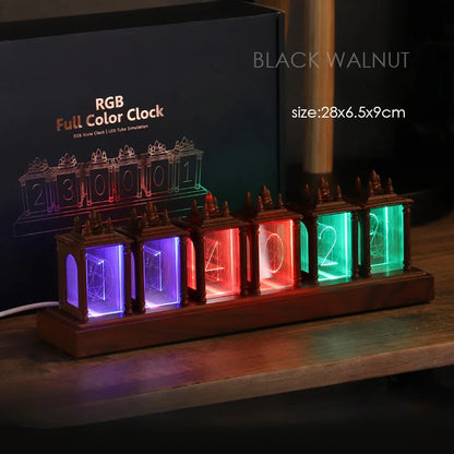 Reloj Digital LED Nixie con Luz RGB y Madera de Nogal – Reloj Despertador Decorativo con Lámpara de Ambiente