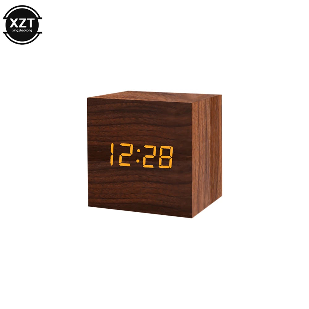 Reloj Despertador LED de Madera con Control de Voz – Digital, USB/AAA para Escritorio