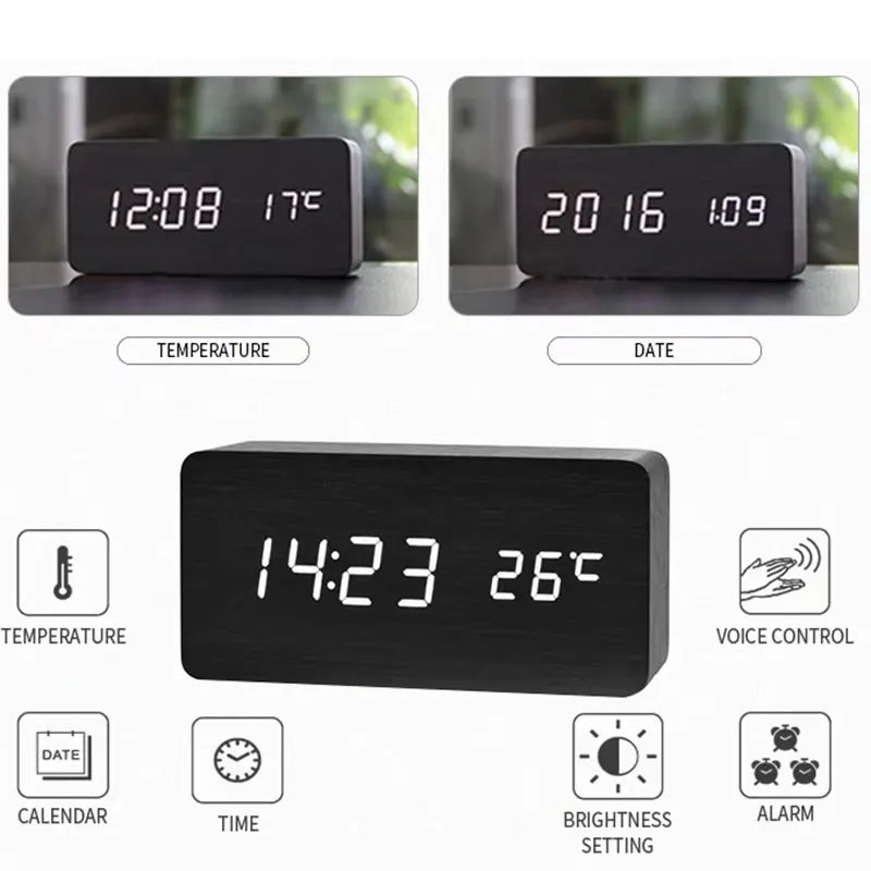 Reloj Despertador Digital de Madera con Temperatura – Decoración para Dormitorio y Oficina