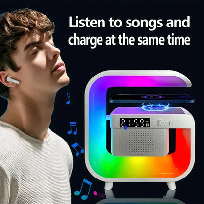 Cargador Inalámbrico Multifunción con Altavoz Bluetooth 5.0 – FM, RGB y Luz Nocturna para iPhone y Samsung