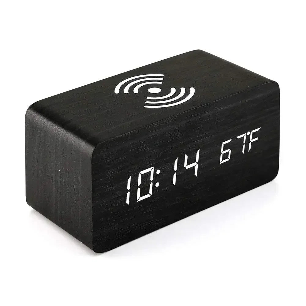 Reloj Despertador LED de Madera con Temperatura y Carga Inalámbrica – USB/AAA para Escritorio