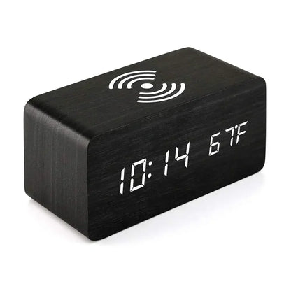 Reloj Despertador LED de Madera con Temperatura y Carga Inalámbrica – USB/AAA para Escritorio