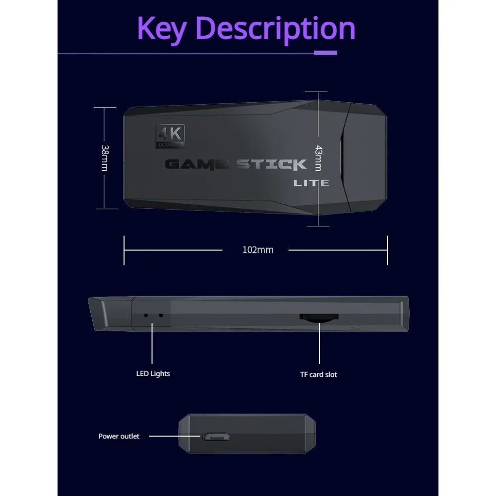 Consola Game Stick 4K HD con Doble Control Inalámbrico 2.4G – Plug & Play con Juegos Retro Clásicos