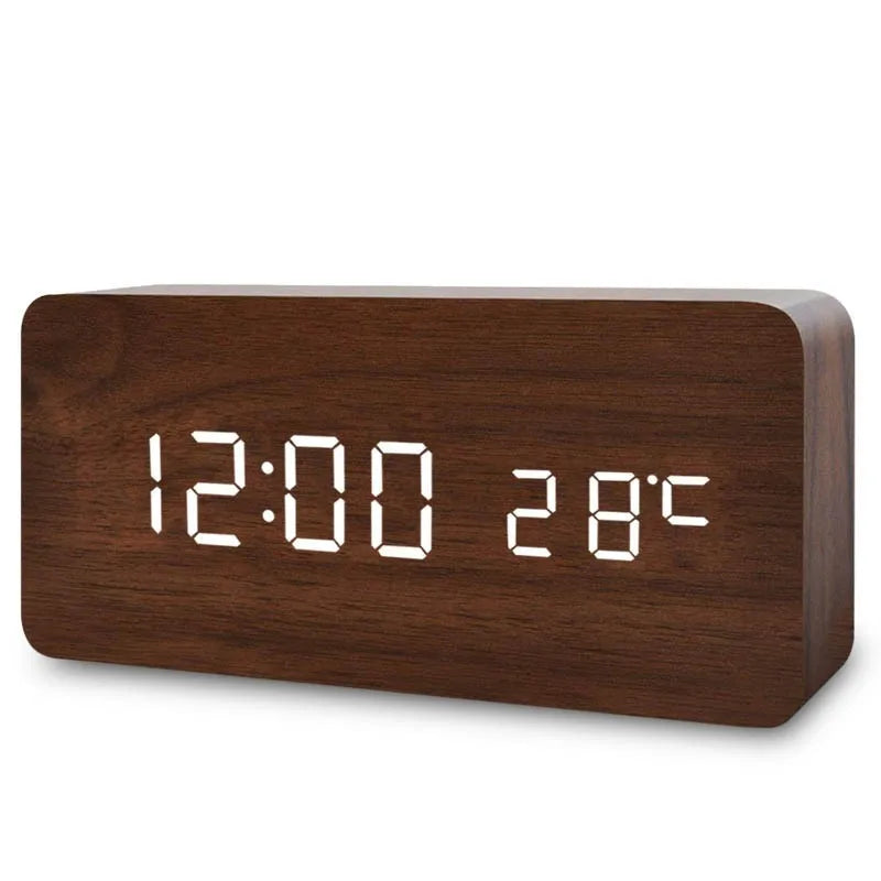 Reloj Despertador LED de Madera con Control de Voz – Digital USB/AAA para Escritorio