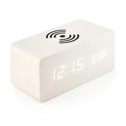 Reloj Despertador LED de Madera con Temperatura y Carga Inalámbrica – USB/AAA para Escritorio