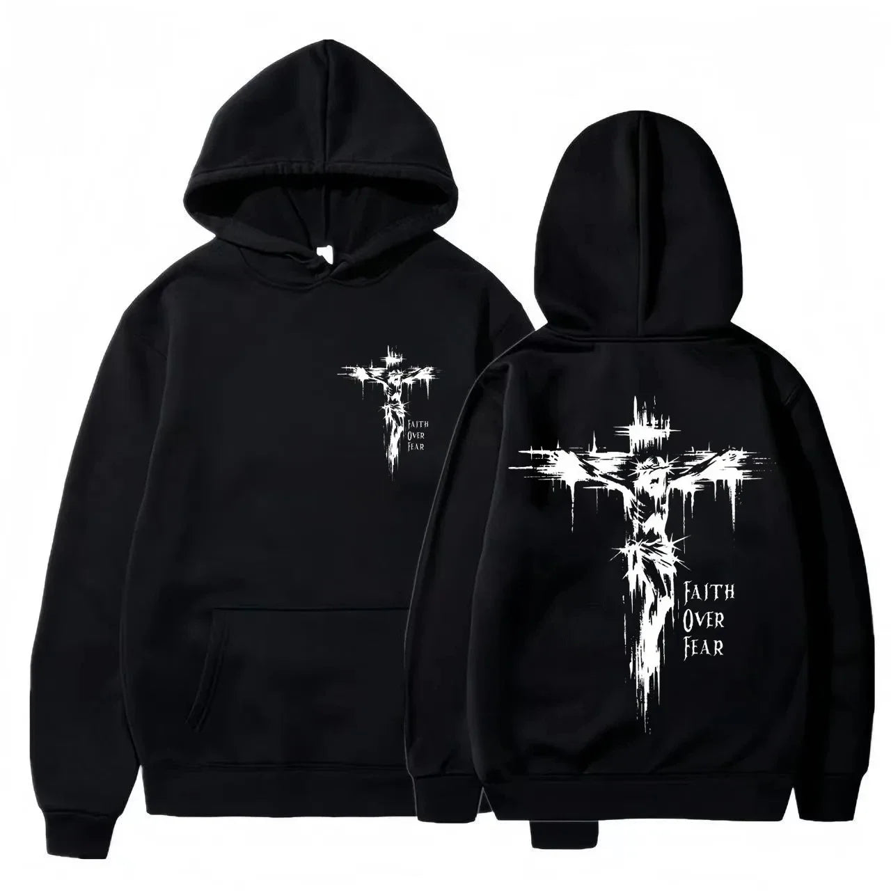 Hoodie con Cruz Religiosa y Texto Motivacional – Estilo Casual Unisex Otoño Invierno