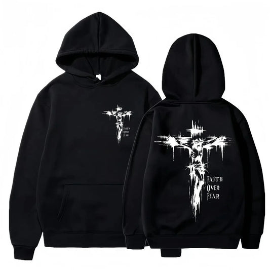 Hoodie con Cruz Religiosa y Texto Motivacional – Estilo Casual Unisex Otoño Invierno