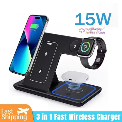 Cargador Inalámbrico 15W 3 en 1 Plegable – Estación de Carga Rápida para iPhone, Apple Watch y AirPods