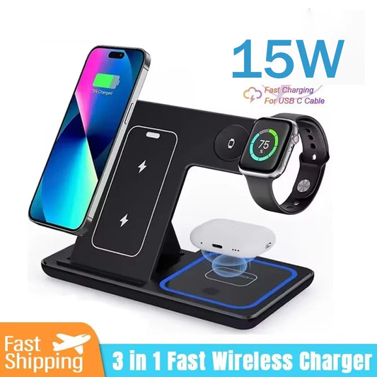 Cargador Inalámbrico 15W 3 en 1 Plegable – Estación de Carga Rápida para iPhone, Apple Watch y AirPods
