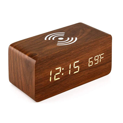 Reloj Despertador Digital de Madera con Carga Inalámbrica – Hora, Fecha, Temperatura para Oficina y Mesita