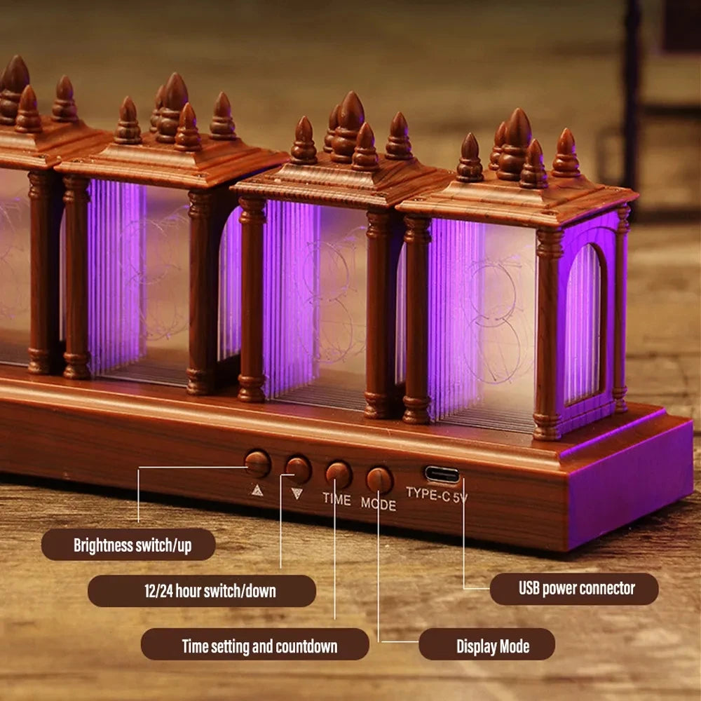 Reloj Digital LED Nixie con Luz RGB y Madera de Nogal – Reloj Despertador Decorativo con Lámpara de Ambiente