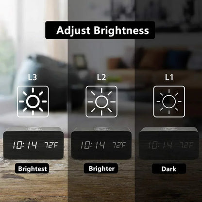 Reloj Despertador LED de Madera con Temperatura y Carga Inalámbrica – USB/AAA para Escritorio