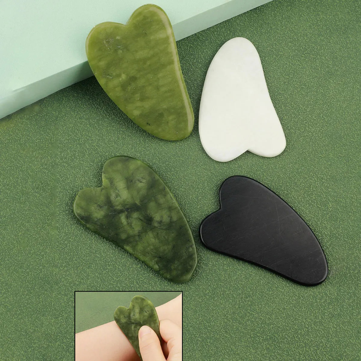 Kit 3 en 1 Rodillo de Jade + Gua Sha – Masajeador Facial para Ojos, Cuello y Rostro