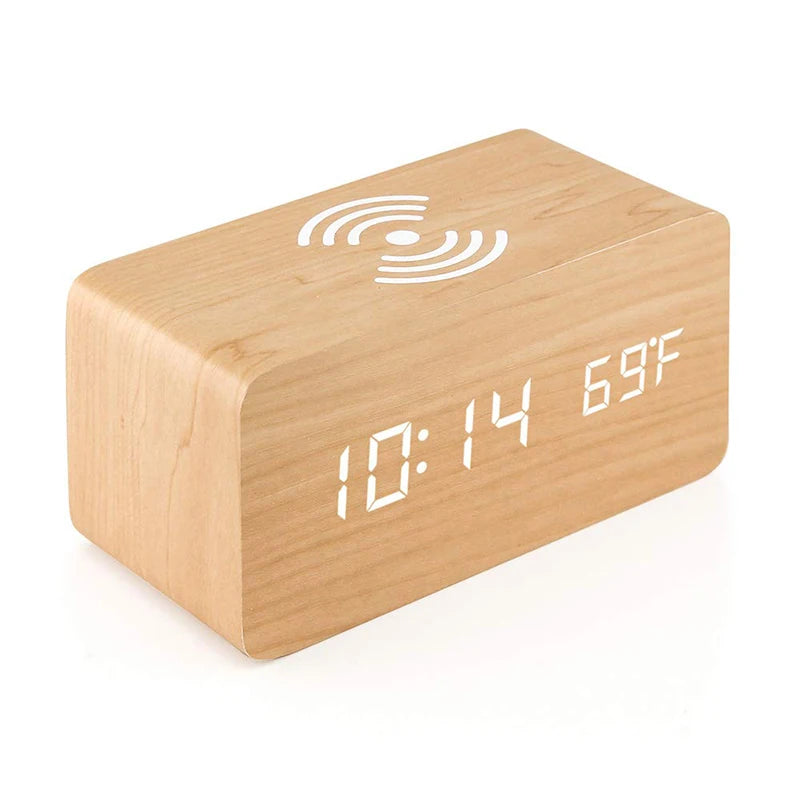 Reloj Despertador Digital de Madera con Carga Inalámbrica – Hora, Fecha, Temperatura para Oficina y Mesita