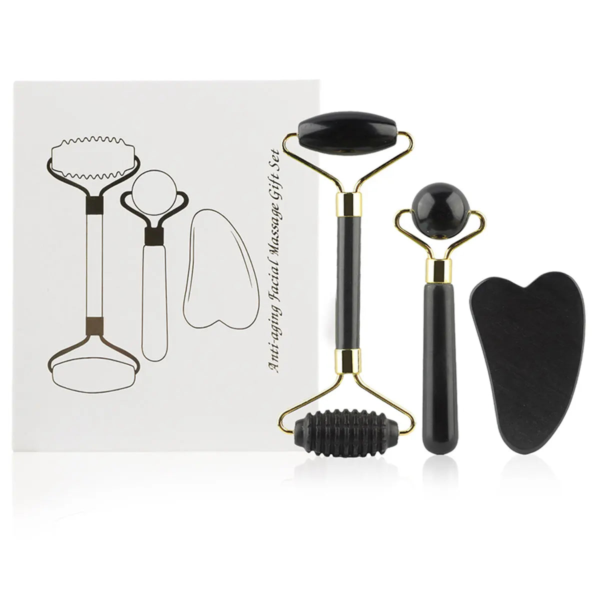 Kit 3 en 1 Rodillo de Jade + Gua Sha – Masajeador Facial para Ojos, Cuello y Rostro