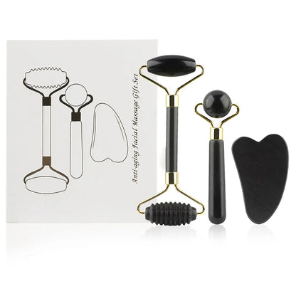 Kit 3 en 1 Rodillo de Jade + Gua Sha – Masajeador Facial para Ojos, Cuello y Rostro