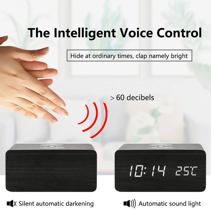 Reloj Despertador Digital de Madera con Carga Inalámbrica – Hora, Fecha, Temperatura para Oficina y Mesita