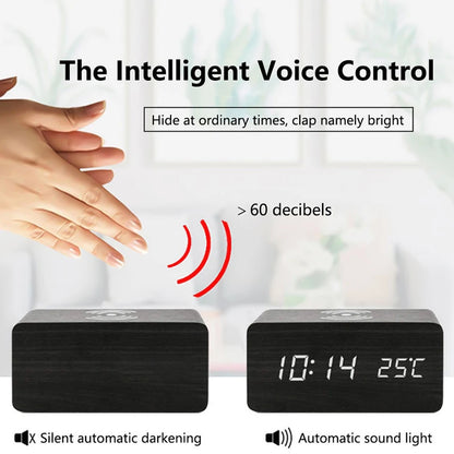 Reloj Despertador Digital de Madera con Carga Inalámbrica – Hora, Fecha, Temperatura para Oficina y Mesita