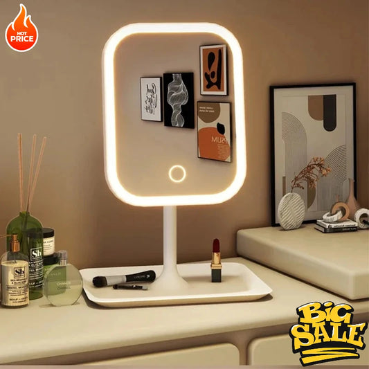 Espejo de Maquillaje LED con Luz Tricolor y Almacenamiento – Iluminación Perfecta para tu Rutina