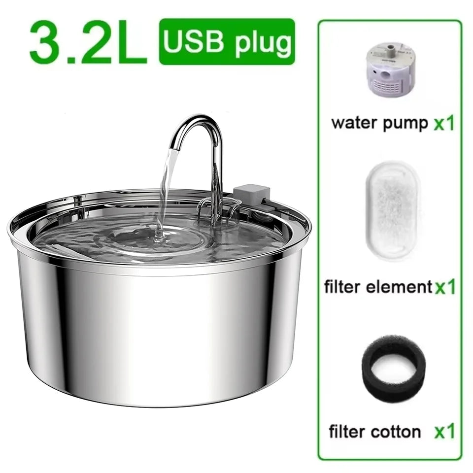 Fuente de Agua para Mascotas de Acero Inoxidable con Bomba USB Ultrasilenciosa – Gatos y Perros