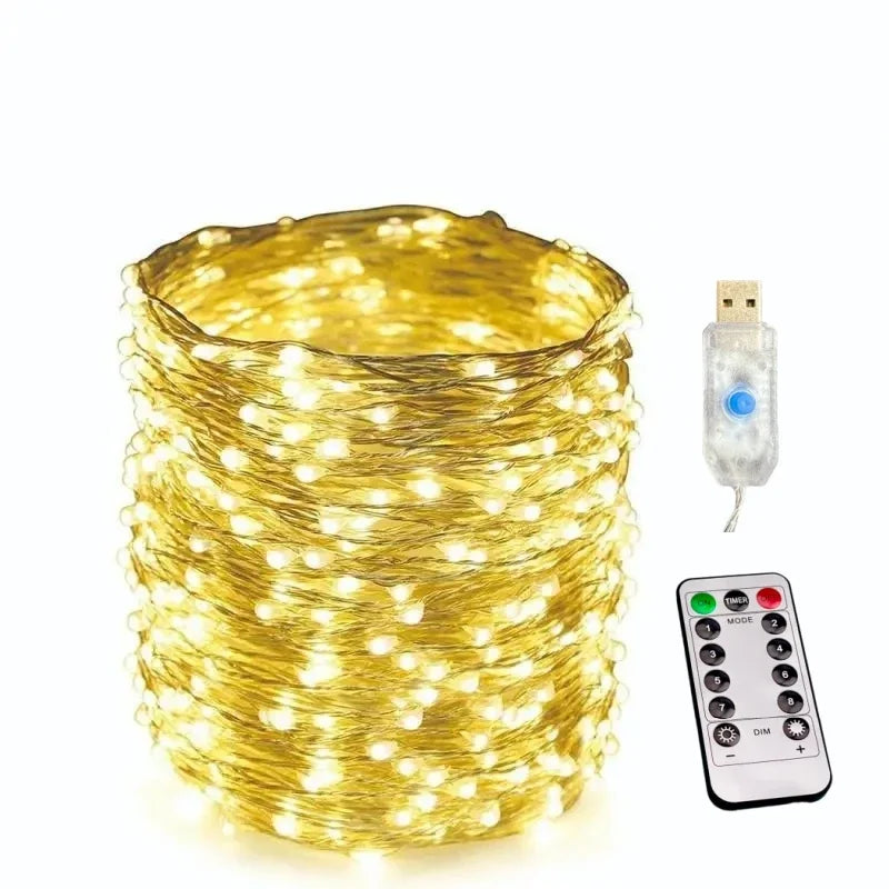 Luces LED de Cobre 100/200 LEDs con Control Remoto – 8 Modos, USB, Decoración Navideña