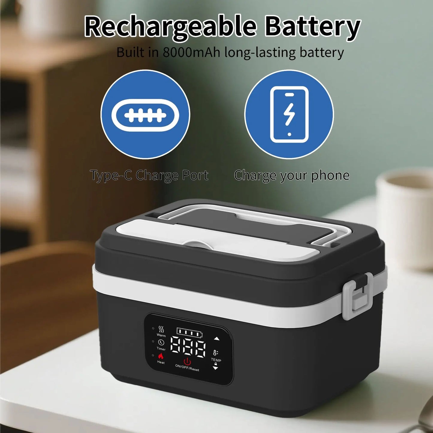 Vianda Eléctrica Portátil 8000mAh con Conservación de Calor Inteligente – Para Viajes y Oficina