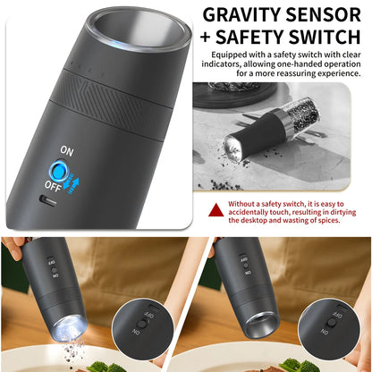 Molinillo Eléctrico de Pimienta Recargable con Sensor de Gravedad y Luz LED – 6 Niveles (1 o 2 unidades)