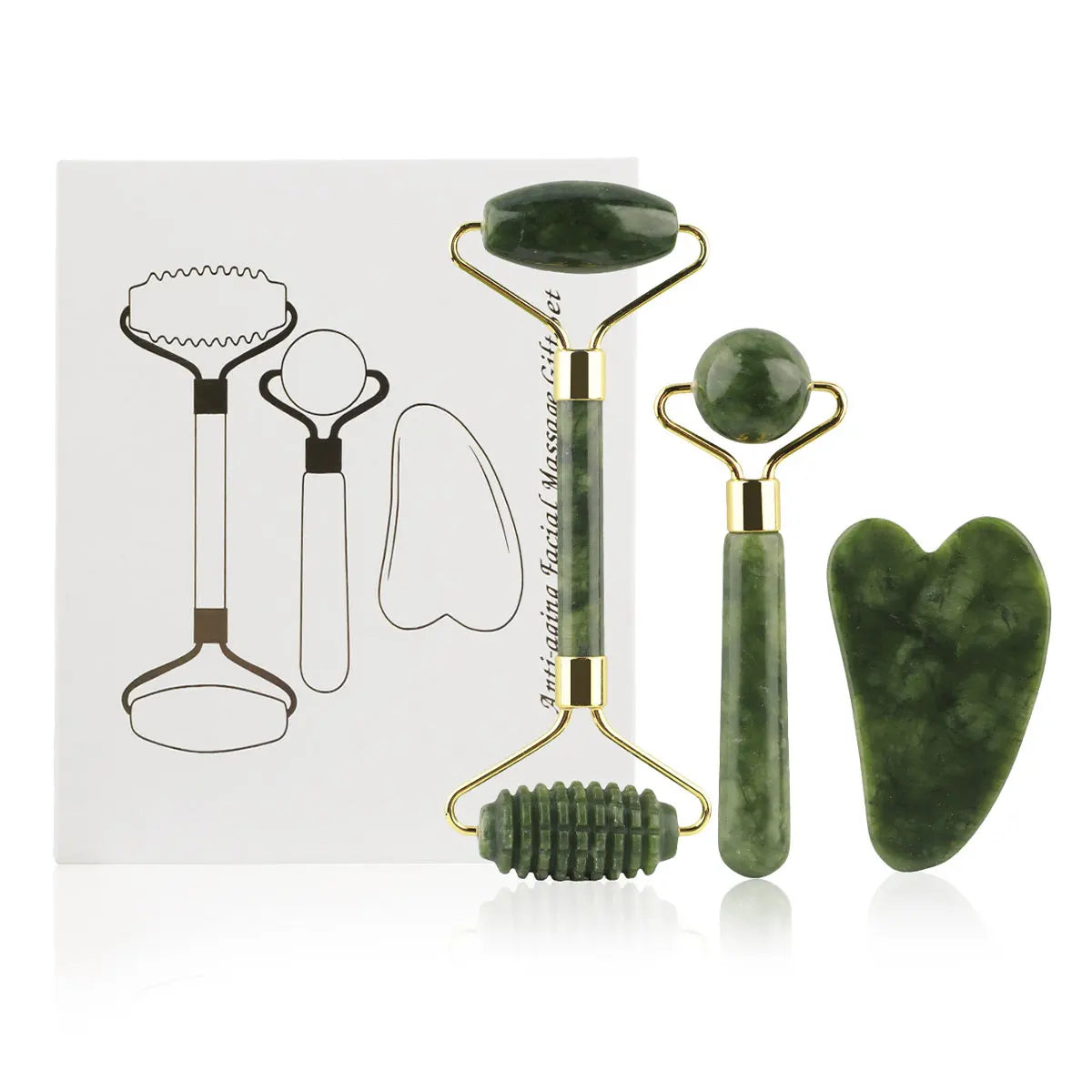 Kit 3 en 1 Rodillo de Jade + Gua Sha – Masajeador Facial para Ojos, Cuello y Rostro
