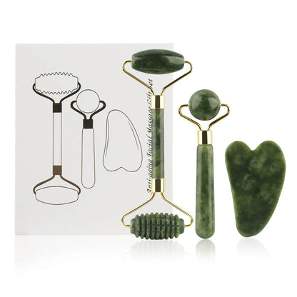 Kit 3 en 1 Rodillo de Jade + Gua Sha – Masajeador Facial para Ojos, Cuello y Rostro