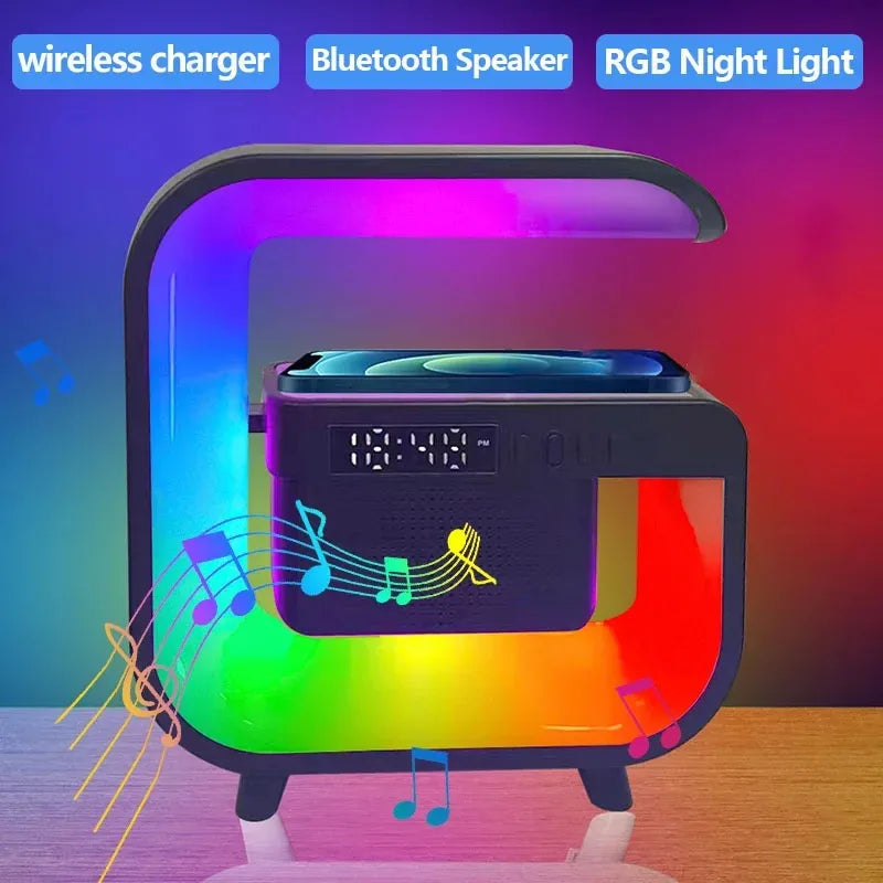 Cargador Inalámbrico Multifunción con Altavoz Bluetooth 5.0 – FM, RGB y Luz Nocturna para iPhone y Samsung