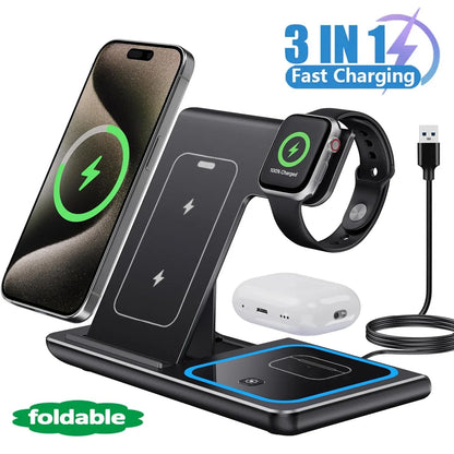 Cargador Inalámbrico LED 3 en 1 Plegable – Estación de Carga para iPhone 17-14, Apple Watch y AirPods