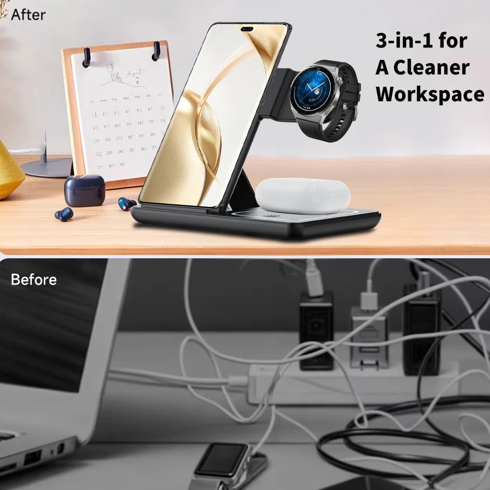 Cargador Inalámbrico 3 en 1 Plegable LED – Samsung Galaxy S25, Galaxy Watch y Buds Pro