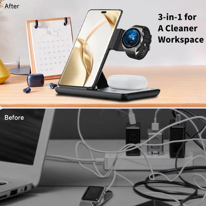 Cargador Inalámbrico 3 en 1 Plegable LED – Samsung Galaxy S25, Galaxy Watch y Buds Pro