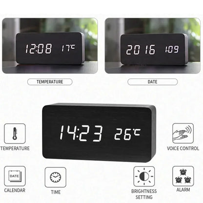 Reloj Despertador Digital de Madera con Temperatura – Para Oficina y Mesita de Noche