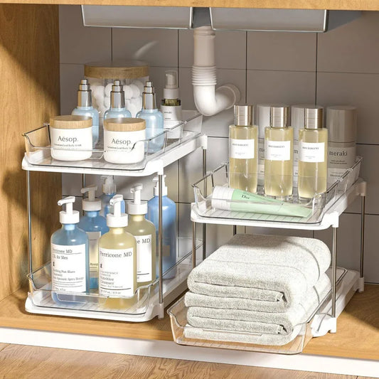 Estante Organizador Bajo la Pileta Doble Nivel Deslizante – Cocina y Baño