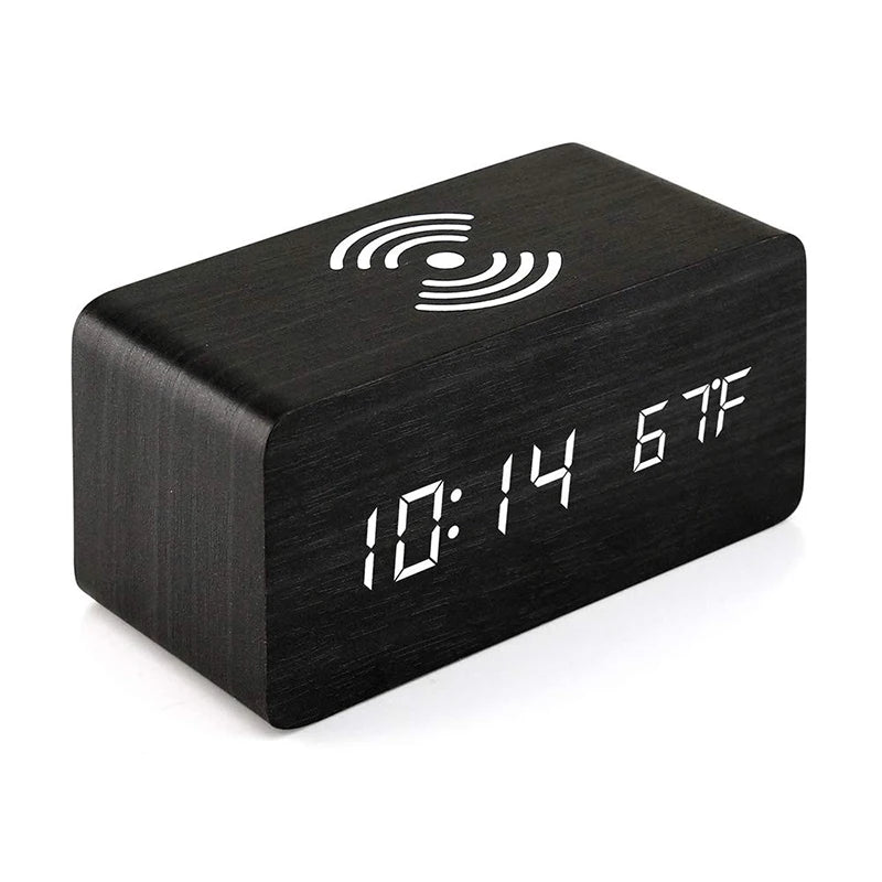 Reloj Despertador Digital de Madera con Carga Inalámbrica – Hora, Fecha, Temperatura para Oficina y Mesita