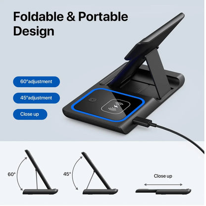 Cargador Inalámbrico LED 3 en 1 Plegable – Estación de Carga para iPhone 17-14, Apple Watch y AirPods